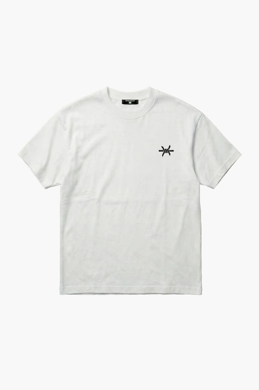 White t-shirt with a black logo on a white background