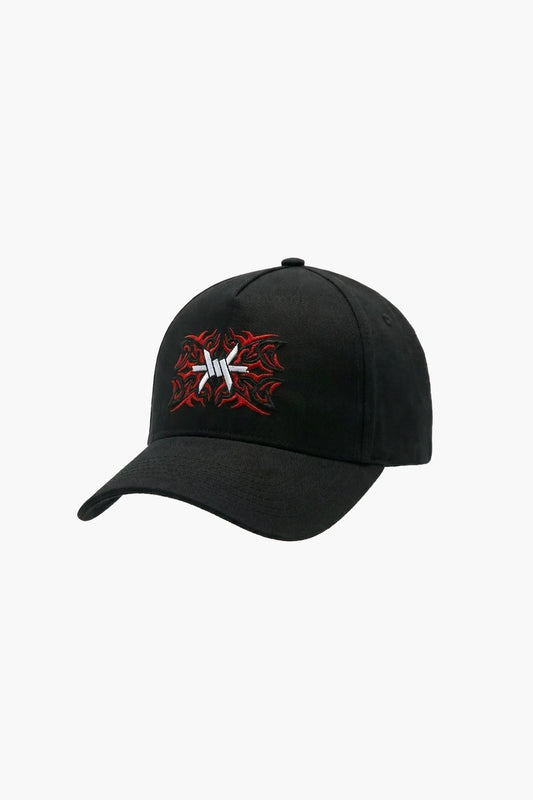Black cap with a red and white 'Ominous' logo on a white background
