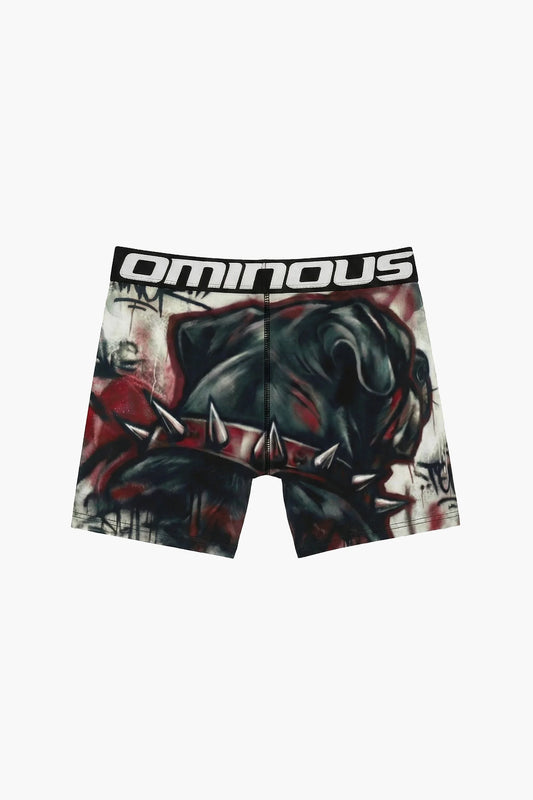Boxer briefs with graphic design and 'Ominous' branding on a white background