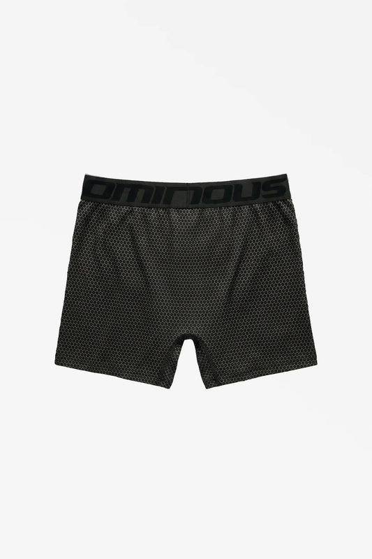 Back of black and dark grey boxer briefs with a subtle pattern and an 'Ominous' brand logo on a white background
