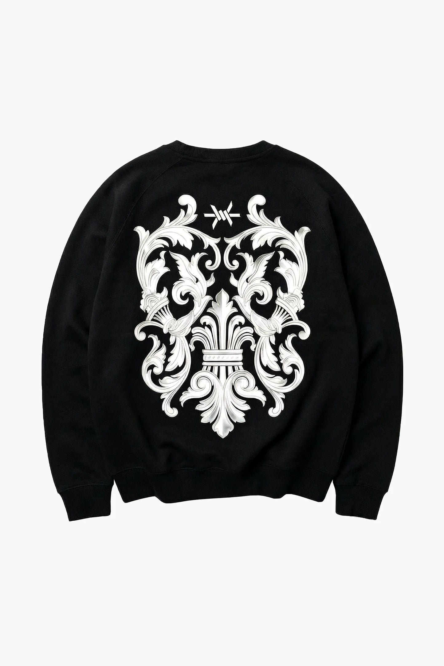 Black sweatshirt with white intricate design on the back on a white background