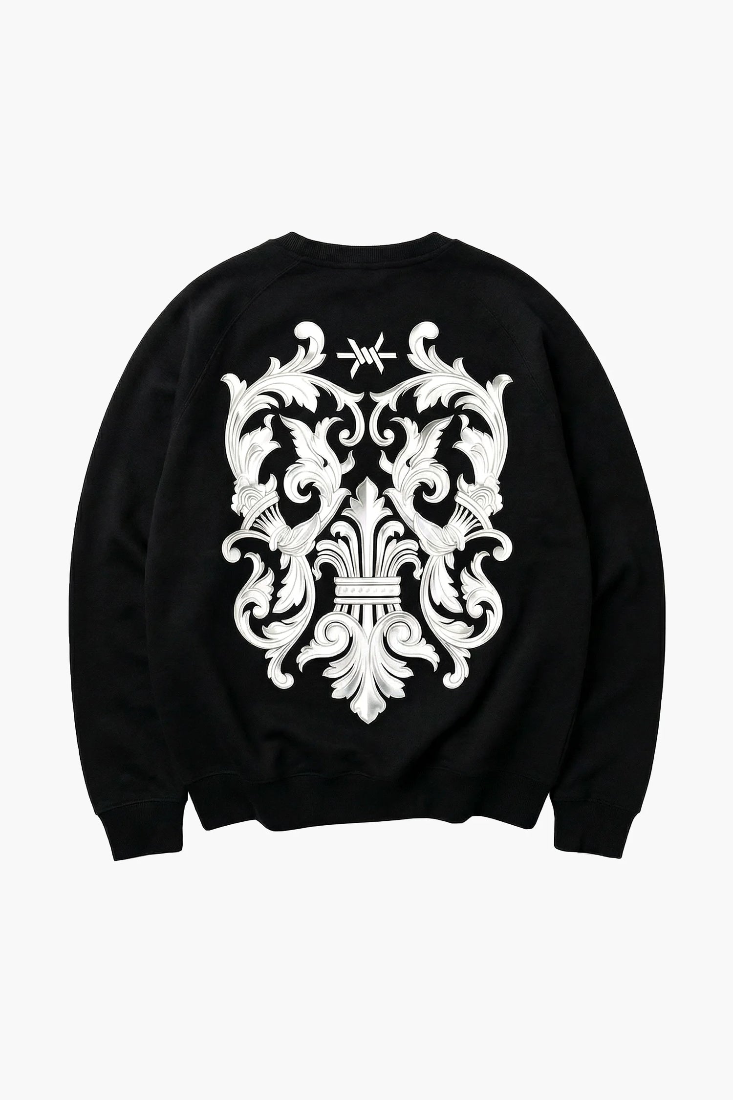 Black sweatshirt with white intricate design on the back on a white background