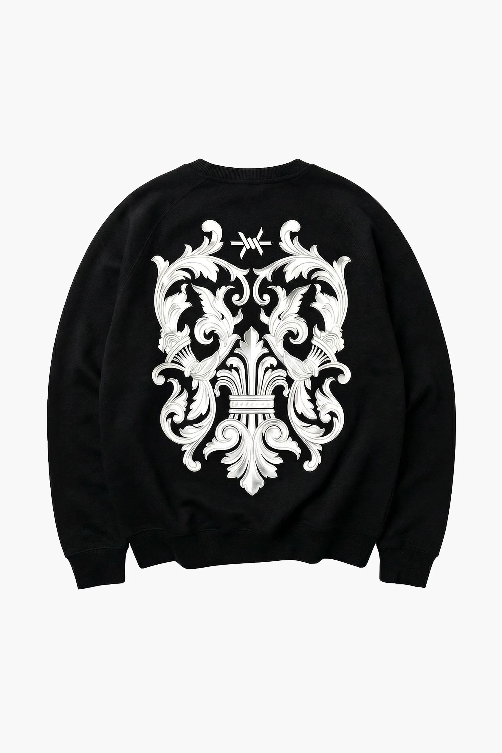 Black sweatshirt with white intricate design on the back on a white background