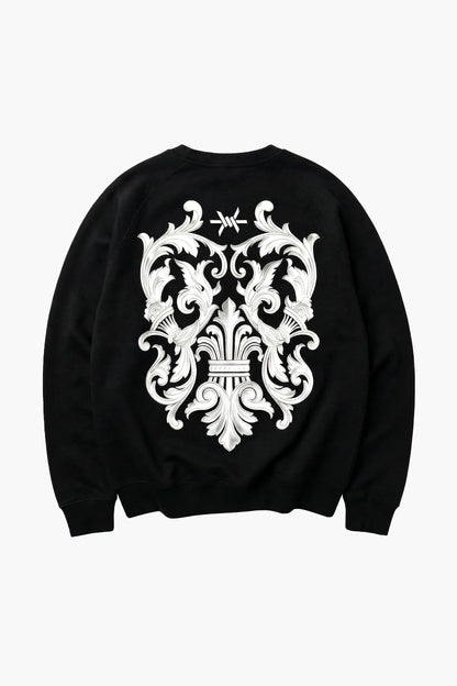 Black sweatshirt with white intricate design on the back on a white background