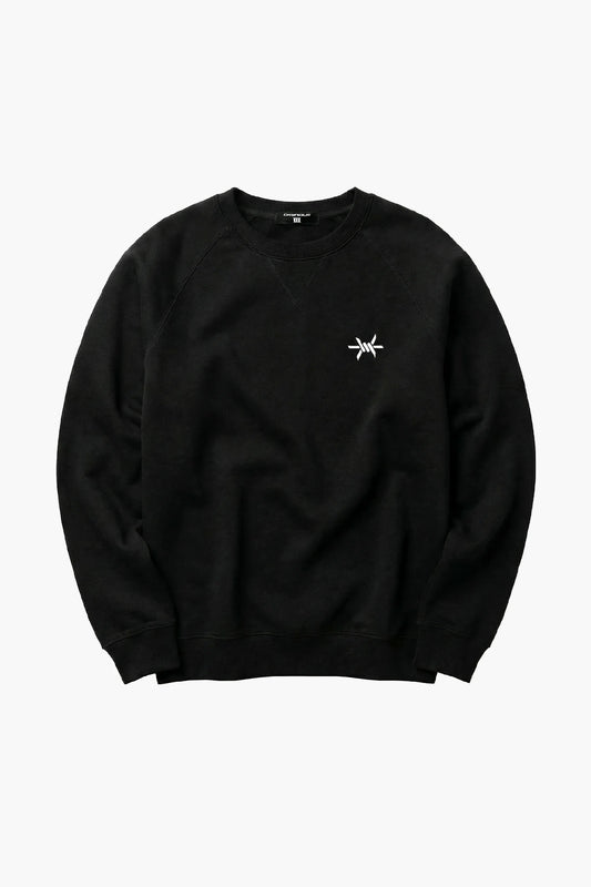 Black sweatshirt with a small white logo on a white background