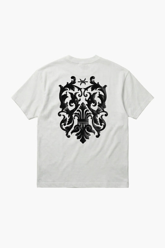 White t-shirt with black decorative pattern on the back against a white background