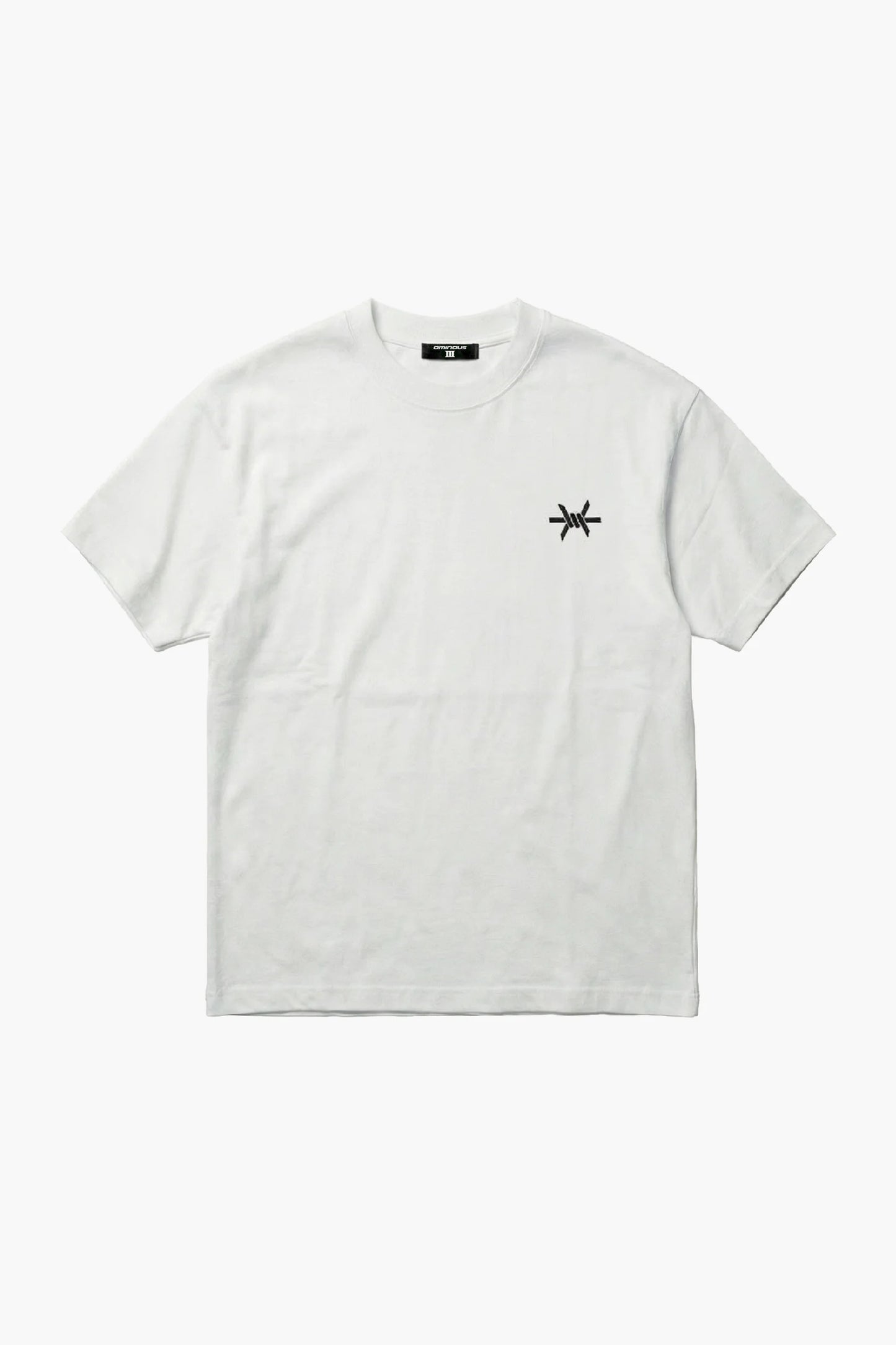 White t-shirt with a black logo on a white background