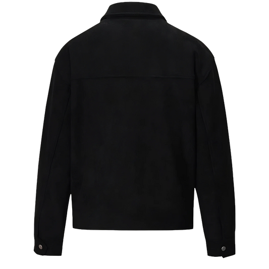 A black suede lounge overshirt back with a lapel collar. It features buttoned cuffs and a full length back yoke.