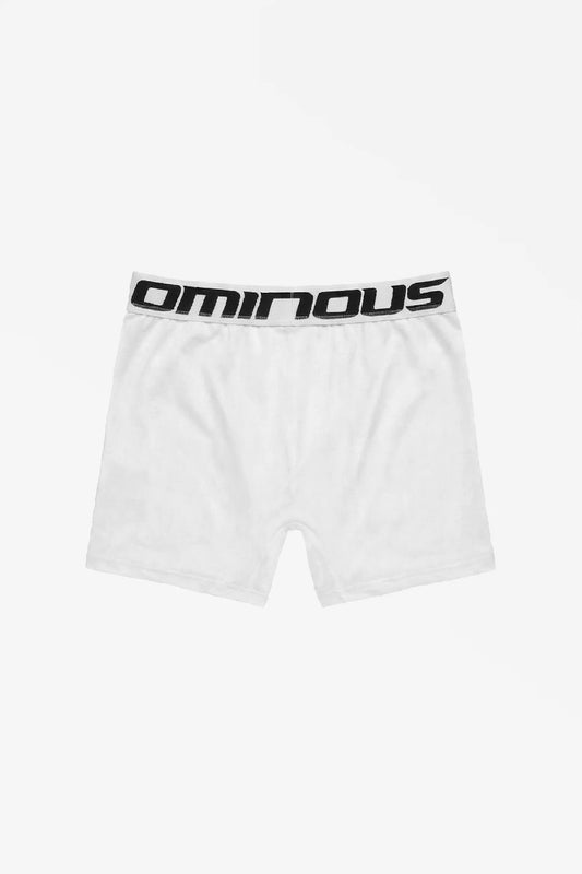 White boxer briefs with 'Ominous' brand logo on a white background