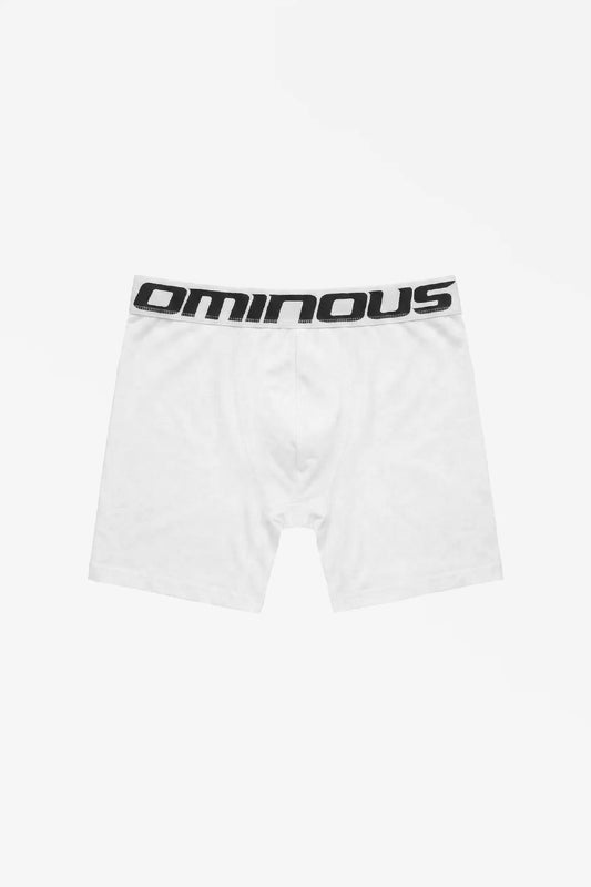 White boxer briefs with 'Ominous' branding on a white background
