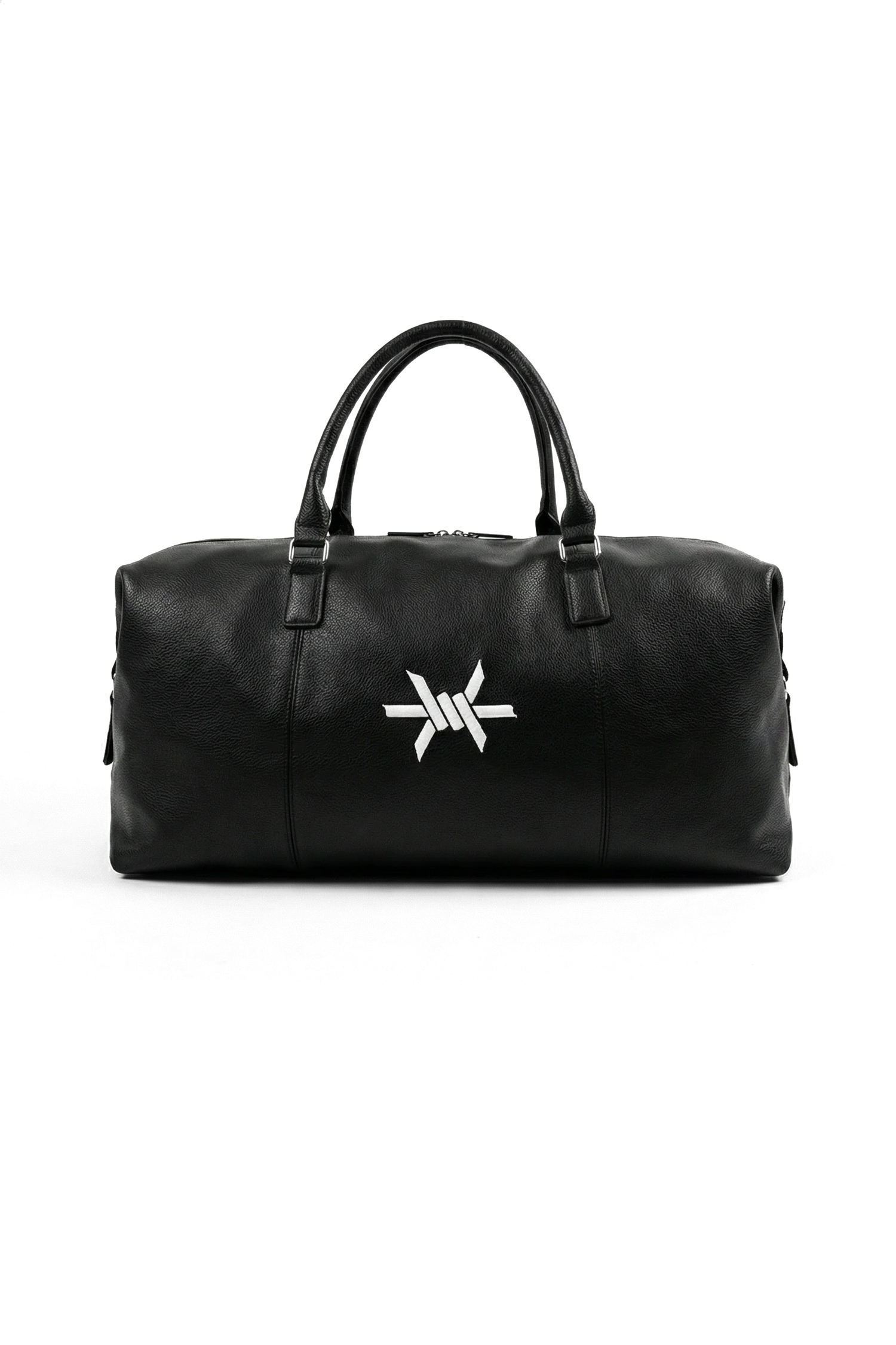 Ominous Weekender Duffel - Black leather duffel bag with a white logo on a white background