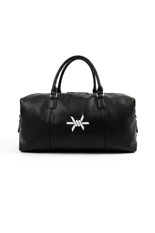Ominous Weekender Duffel - Black leather duffel bag with a white logo on a white background
