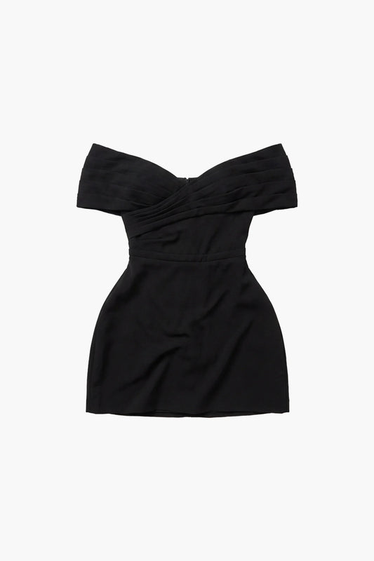 Ella mini dress - Black off-shoulder dress on a white background front flat lay