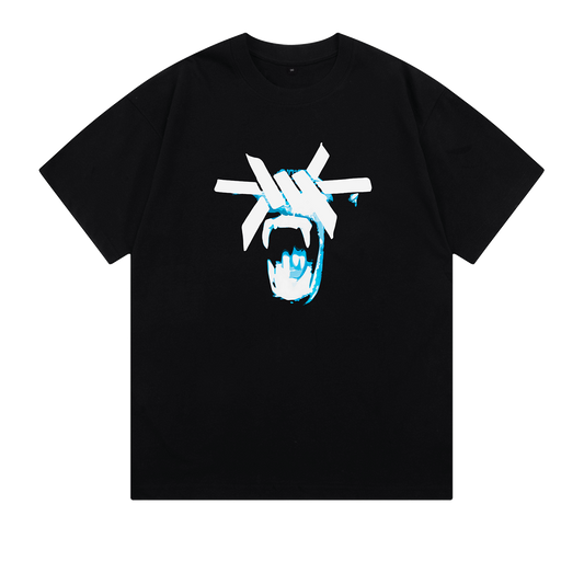 Black heavyweight t-shirt with a blue and white graphic print of a chimp's mouth and white 'Ominous' logo covering its eyes on the front.