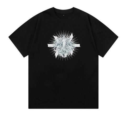 An oversized black heavyweight t-shirt with an angelic graphic print on the front, presented on a white background.