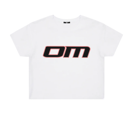 Ominous OM Cropped White Tee - White t-shirt with a black and red logo on a white background