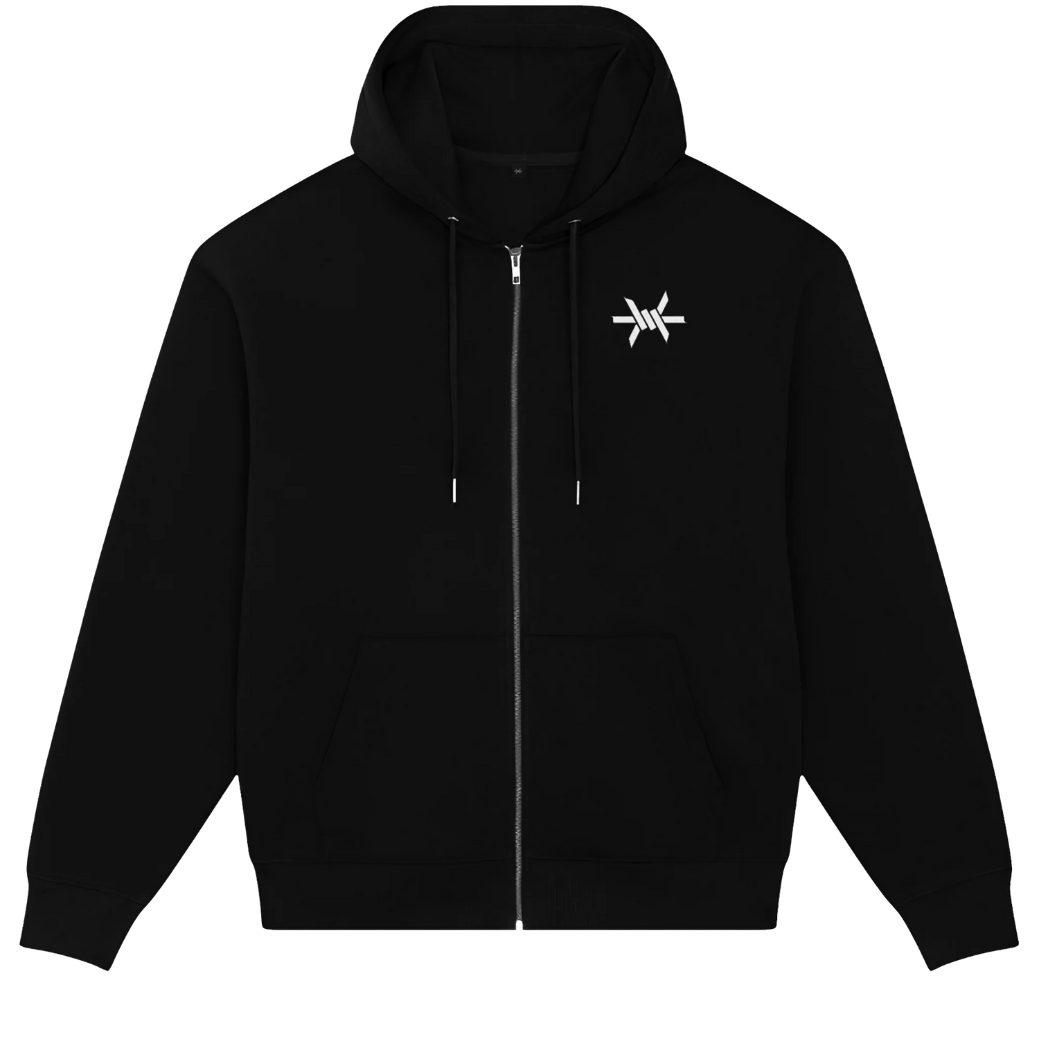 A black hoodie with a small logo on the upper left chest and a metal zipper.