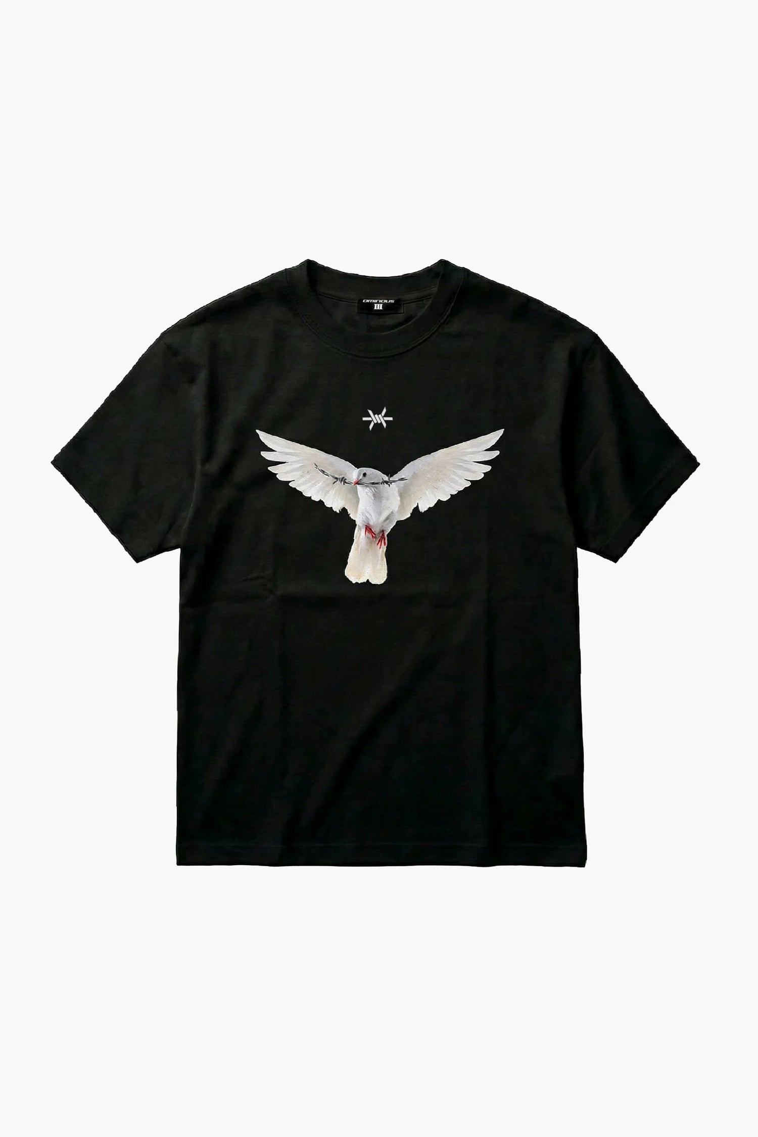 Black t-shirt with a white dove graphic on a white background