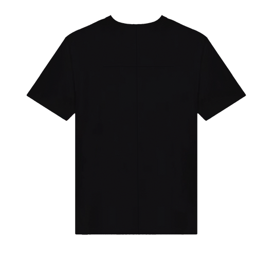 Ominous black fitted Supima t-shirt back featuring full length central vertical seam and 2/3 width back yoke