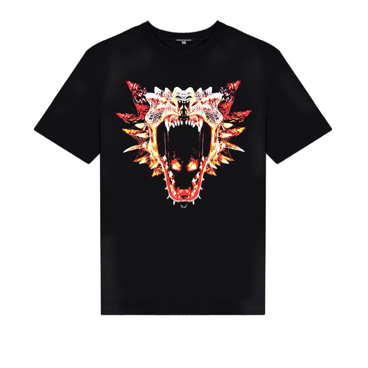 Luxury black supima cotton fitted men's muscular sculpting t-shirt with a red orange and yellow dragon design on the front
