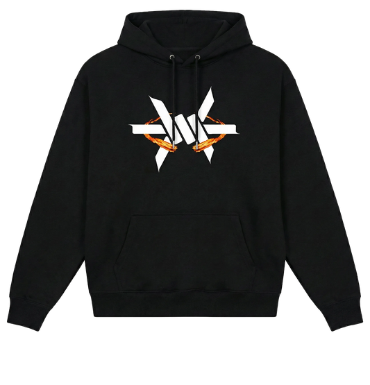 Black hoodie with a white 'Ominous' luxury brand logo and orange fireballs design on a white background