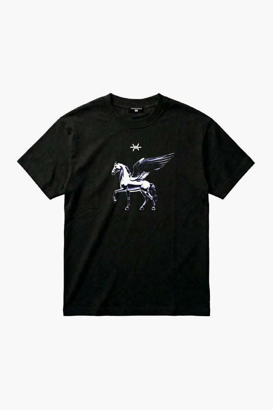 Pegasus Heavyweight Tee - Black t-shirt with a purple tint white winged horse graphic on a white background