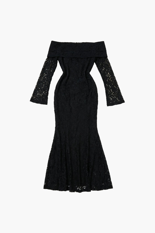Shadow Maxi Lace Dress - Black off-shoulder dress with lace details on a white background