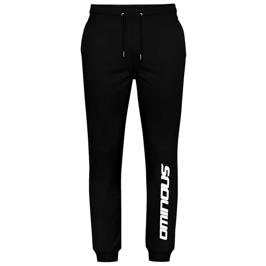A pair of black fleece joggers with adjustable drawstring waistband, cuffed and ribbed leg openings, side pockets, and an 'Ominous' brand logo on the leg.