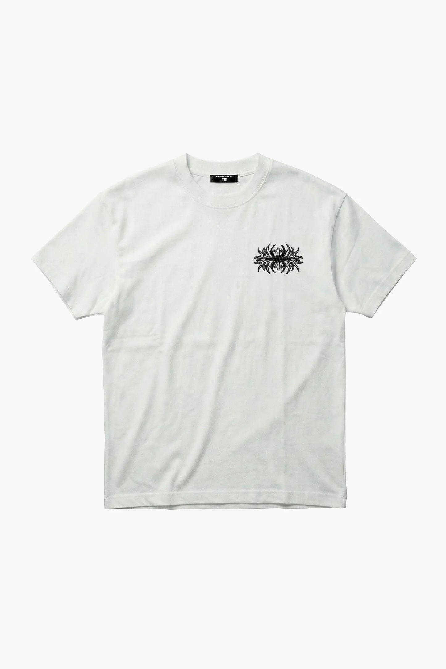 White t-shirt with a black graphic design on a white background