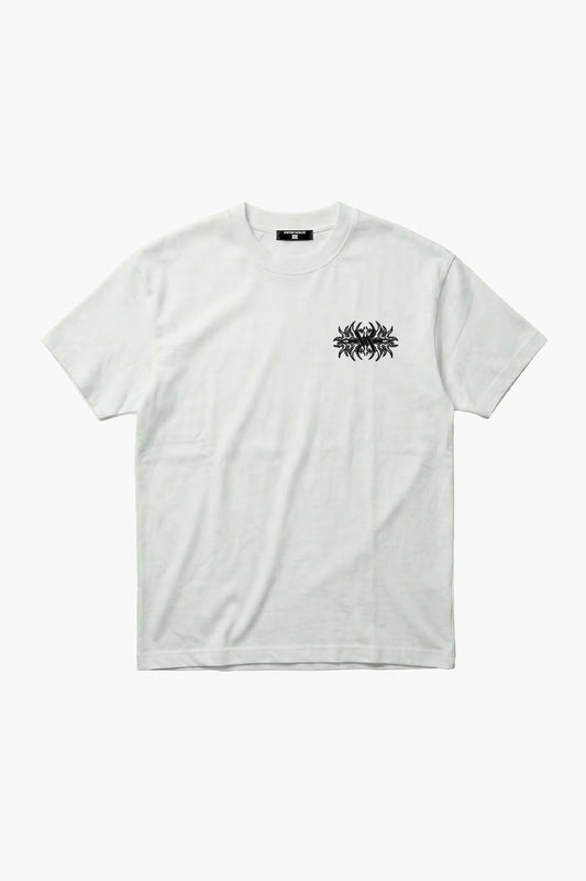 White t-shirt with a black graphic design on a white background