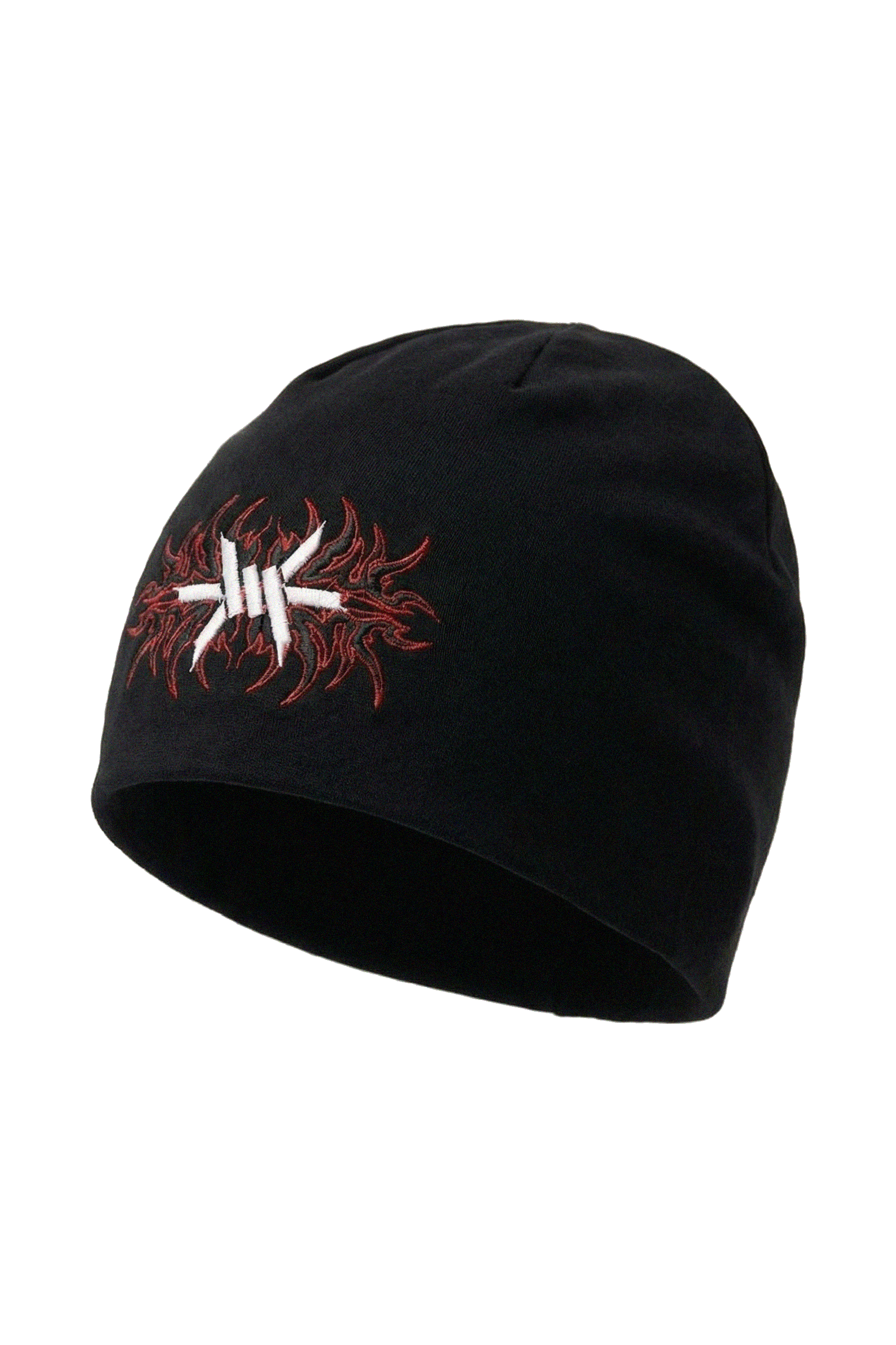 Black skully skullcap beanie with red and white 'Ominous' logo design on a white background