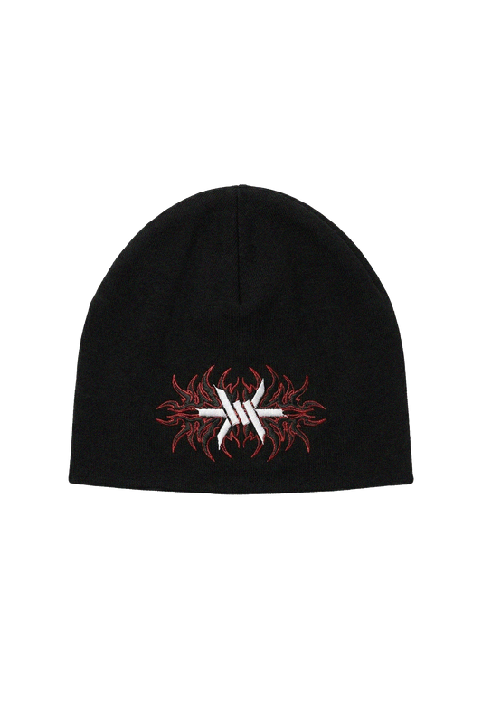 Black beanie with a red and white 'Ominous' logo emblem on a white background
