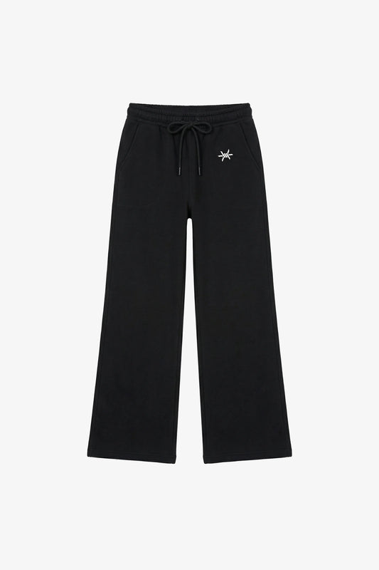 Black pants with a small white logo on a white background