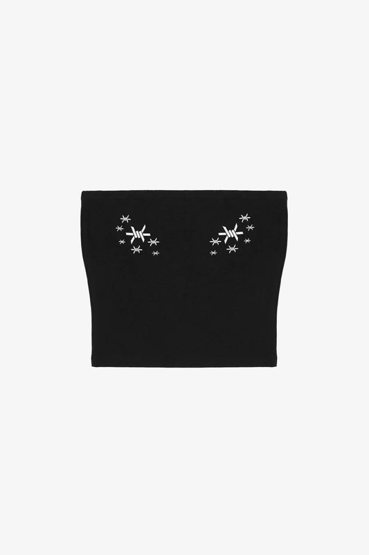 Black tube top with star designs on a white background