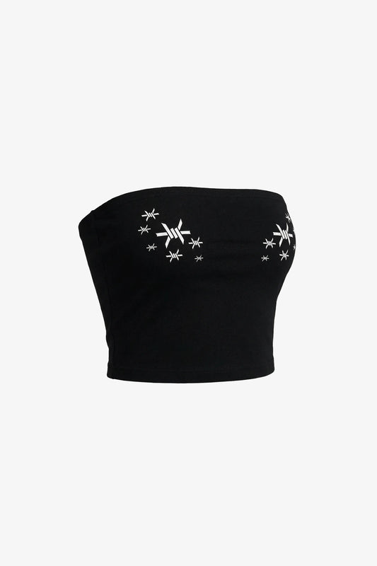 Black tube top with white floral patterns on a light gray background