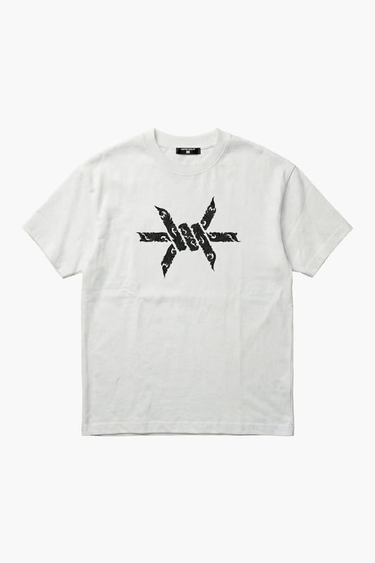 White t-shirt with black baroque 'Ominous' brand logo graphic design on a white background