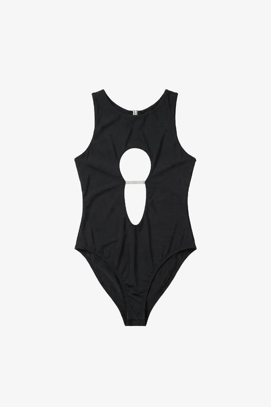 Black swimsuit with a unique cutout design on a white background