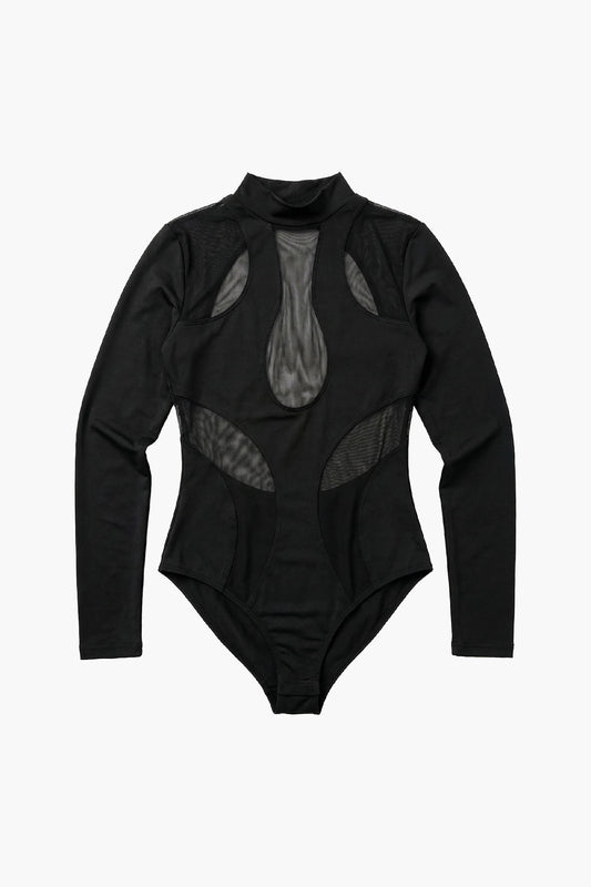 Black mesh bodysuit with long sleeves on a white background