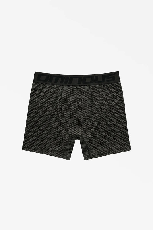 Black and dark gray boxer briefs with a 'Ominous' brand logo on a white background