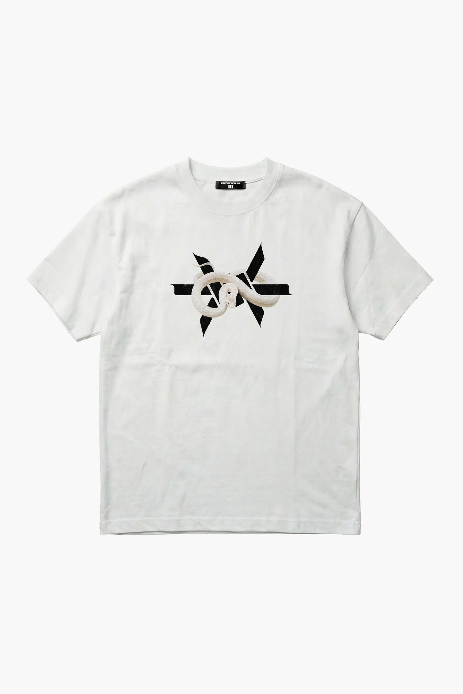White t-shirt with a black and white snake star design on a white background