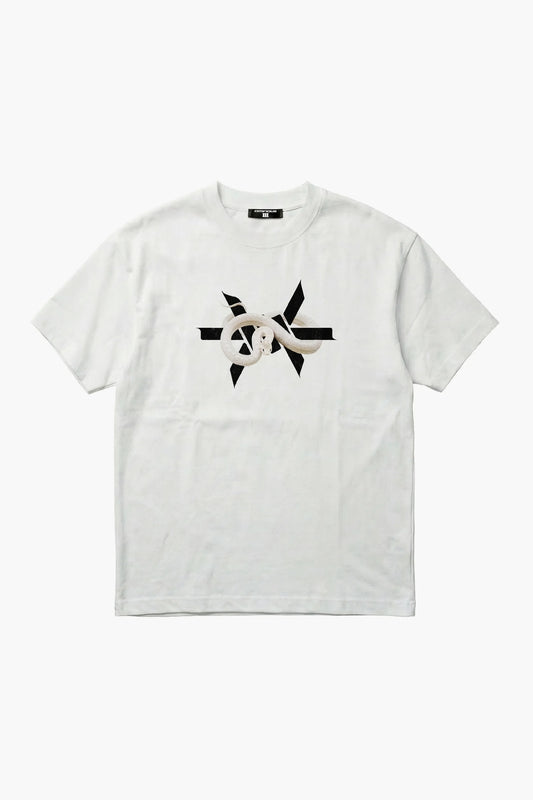 White t-shirt with a black and white snake star design on a white background